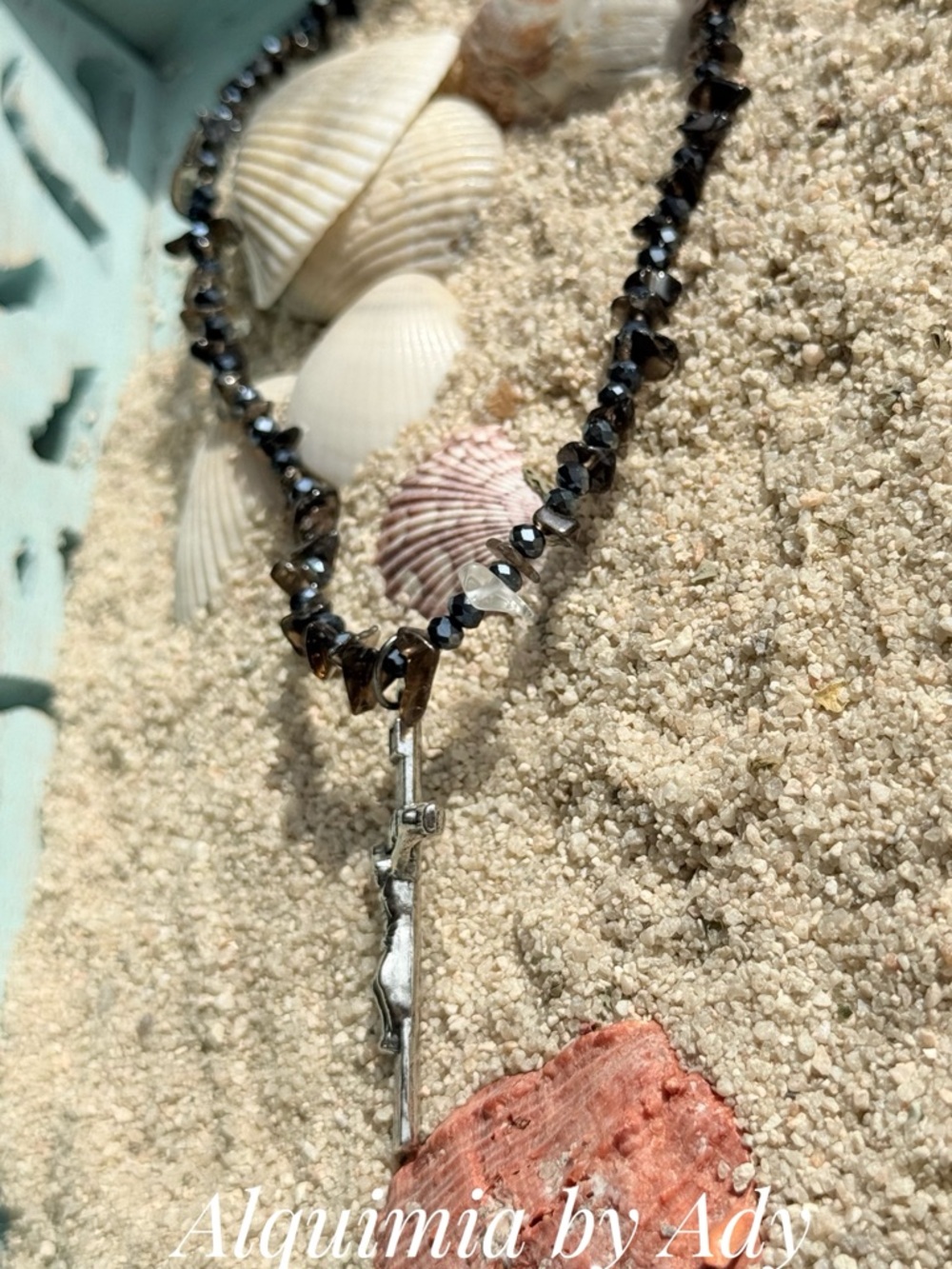 Smoky Quartz Beaded Necklace with Cross Pendant